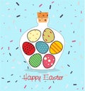 Easter card with Bottle filled with Easter eggs Royalty Free Stock Photo