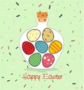Easter card with Bottle filled with Easter eggs Royalty Free Stock Photo
