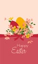 easter card with easter eggs and flowers on pink background with bow