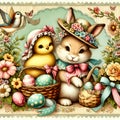 Easter card - bunny, basket of Easter eggs, chick, immersed in an idyllic multicolored landscape Royalty Free Stock Photo