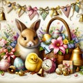 Easter card - bunny, basket of Easter eggs, chick, immersed in an idyllic multicolored landscape Royalty Free Stock Photo