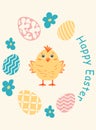 Easter card with a cartoon yellow chicken surrounded by Easter eggs and hand-drawn blue flowers. Royalty Free Stock Photo