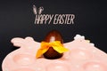 Easter card: Chicken, egg with yellow bow. Happy easter holiday concept Royalty Free Stock Photo