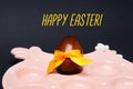 Easter card: Chicken, egg with yellow bow. Happy easter holiday concept Royalty Free Stock Photo