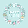 Easter card circle template with flat line icons. Colored eggs, basket, egg hunt, rabbit, spring flowers, cake round