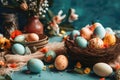 Easter card with colored dotted eggs in wicker baskets and flowers pastel toned. Easter decoration Royalty Free Stock Photo