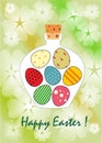 Easter card with Bottle filled with Easter eggs Royalty Free Stock Photo