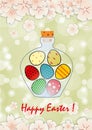 Easter card with Bottle filled with Easter eggs Royalty Free Stock Photo
