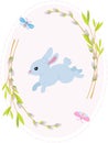 Easter card, cute blue bunny in a wreath of willow sprigs. greeting card