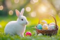 Easter card. Cute little bunny sitting on the lawn near Easter basket Royalty Free Stock Photo