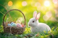 Easter card. Cute little bunny sitting on the lawn near Easter basket Royalty Free Stock Photo