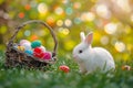 Easter card. Cute little bunny sitting on the lawn near Easter basket Royalty Free Stock Photo