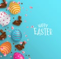 Easter card of 3d chocolate bunny and color eggs