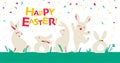 Easter card design with bunny characters sitting, jumping, smiling isolated on green grass.