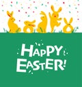 Easter card design with bunny characters sitting, jumping, smiling isolated on green grass.