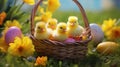 Easter card with ducklings in a wicker basket, colorful eggs, flowers.