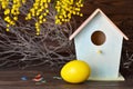 Easter card with Easter egg, birdhouse and spring flowers