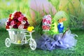 Easter card, Easter egg chick and basket with hare - handicraft.