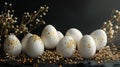 Easter card, Easter eggs with gold decoration and floral branches on dark background. space for text Royalty Free Stock Photo