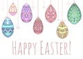 Easter card with hanging colorful doodle eggs