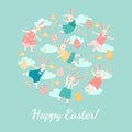Easter card with happy bunnies jumping and having fun on the background of a cloud and holiday symbols