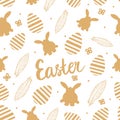 Easter card. Lettering with striped eggs, hand drawing feathers, rabbit silhouette. Gold color on white background