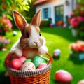 Easter Card - Little Bunny In Basket With Decorated Eggs Royalty Free Stock Photo