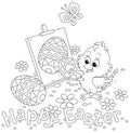 Easter card with a little chick drawing a decorated egg