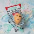 Easter card made of feathers and an egg with a painted cute face in an ER grocery basket Royalty Free Stock Photo