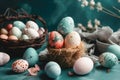 Easter card with multicolored eggs in wicker baskets and flowers pastel toned. Generative AI Royalty Free Stock Photo