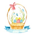 Easter card with osier basket and blue ribbon for text. Themed spring template for cards, posters, banners.