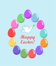 Easter card with colorful painted glass eggs frame and white dove with olive branch. Vector illustration with flat design Royalty Free Stock Photo