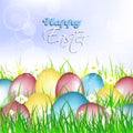 Easter card, painted eggs on a grass with flowers