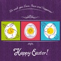 Easter card painted with rabbit, egg and hen. Purple background