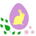 Easter card with sakura, leaves, yellow rabbit in purple egg. Happy easter greeting with cute chocolate bunny, vector eps 10