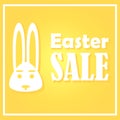 Easter card with sales on a festive day. A rabbit on a yellow background is depicted. With a simple thin rectangular frame.