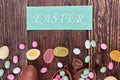 Easter card and scattered candies. Royalty Free Stock Photo