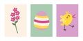 Easter card set with cute chiken, spring flower, egg. Posters, strikers.