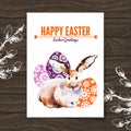 Easter card. Sketch watercolor Easter rabbit. Hand drawn illustration wooden background Royalty Free Stock Photo