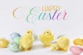 Easter card with three chickens and eggs against white background with colorful greeting text Royalty Free Stock Photo