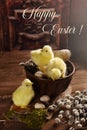 Easter card with three chickens on old clay cake mold and greeting text Royalty Free Stock Photo