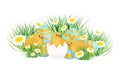 Easter card. Three little cute chicks stands near egg decorated for the holiday. Easter eggs, grass and daisies.