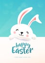 Easter card with white cute funny smiling rabbit. Easter bunny wishing spring