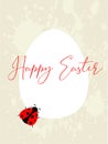 Easter card with white egg, ladybug and Happy Easter wishes on Gray splash background - vector