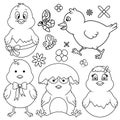 Easter Cartoon Chicken Line Art Set