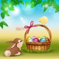 Easter cartoon scene with cute rabbit and chicken