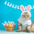 Easter cat with bunny ears with Easter eggs. Cute kitten