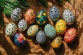 Easter celebration with nature inspired painted eggs on wooden surface. Happy Easter concept Royalty Free Stock Photo