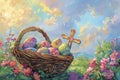 Easter Celebration, Painted Eggs in a Wicker Basket Outdoors Among Spring Flowers Royalty Free Stock Photo