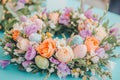 Easter celebration table decor with an egg wreath centerpiece for festive gatherings Royalty Free Stock Photo